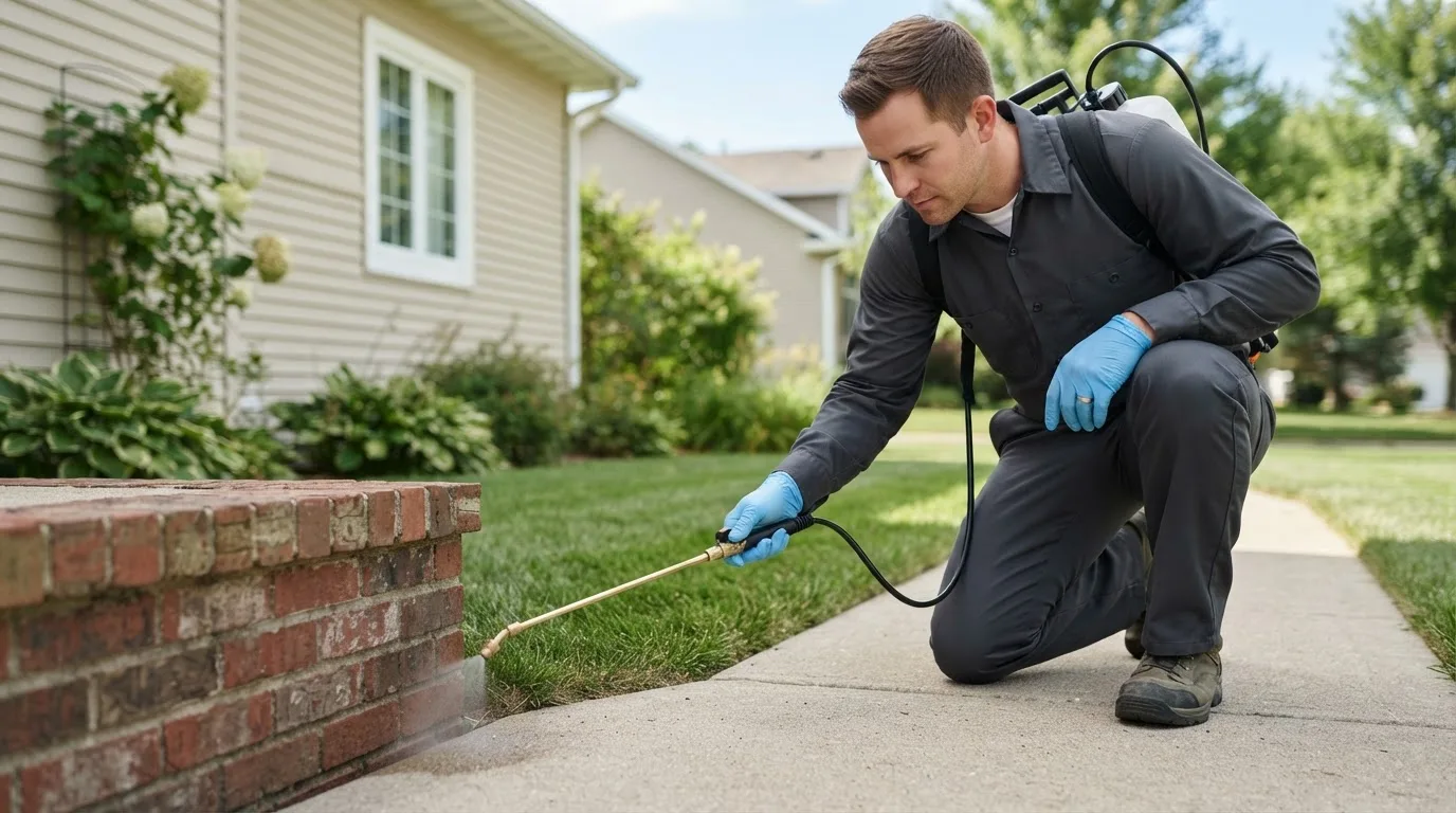 Pest control technician treating a home near Harrison Valley, PA