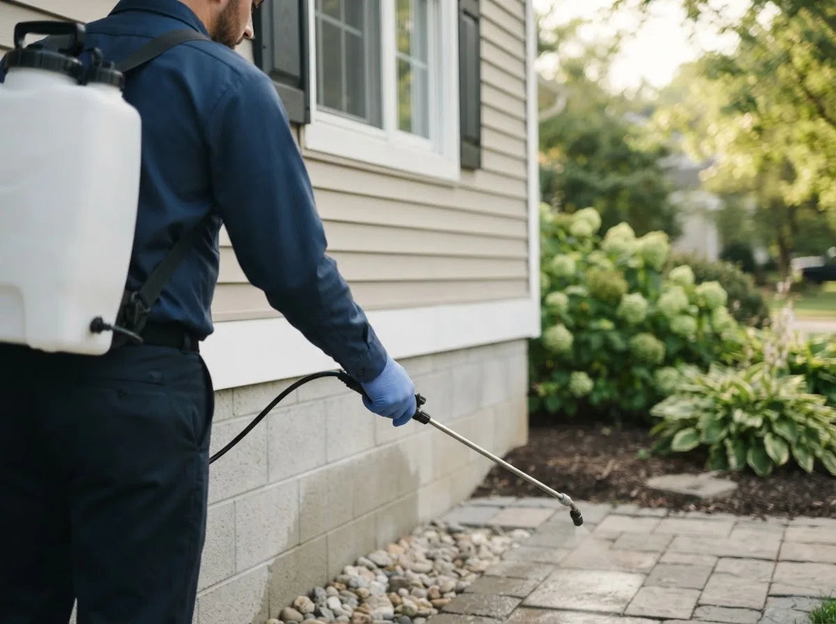 Pest control technician inspecting a home in Harrison Valley, PA
